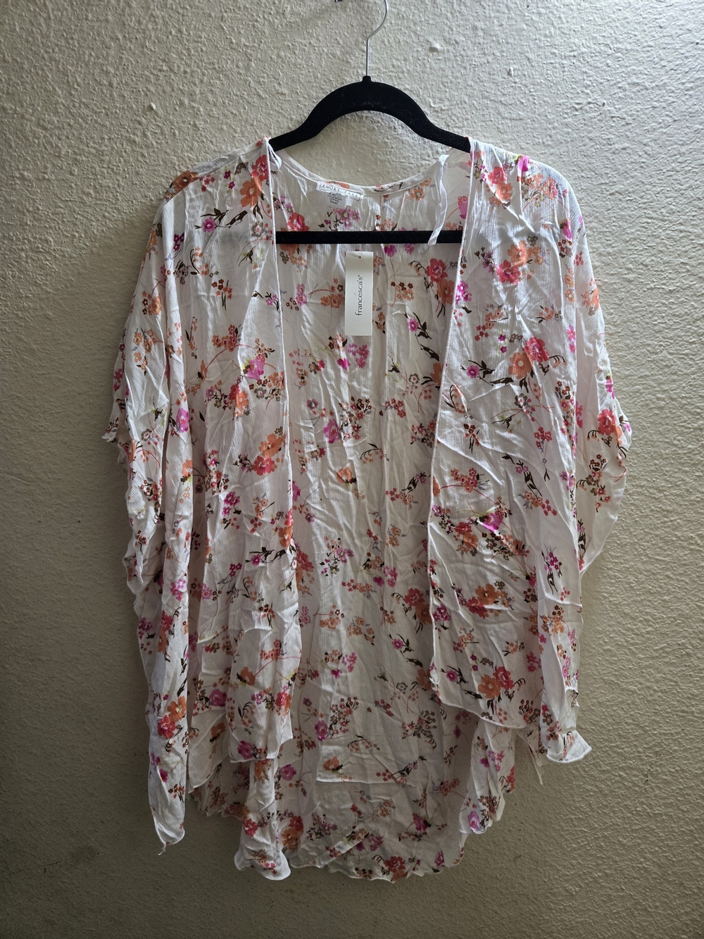 emory park White Floral Kimono with Pink and Orange Accents